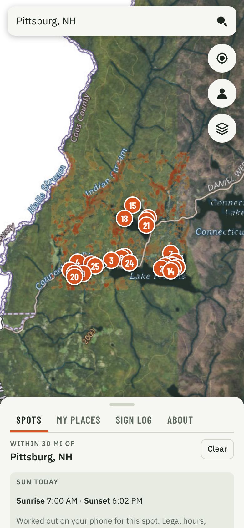 Hare Finder on a phone: numbered snowshoe hare spots and amber-to-rust cover shading near Pittsburg, New Hampshire, on an aerial map