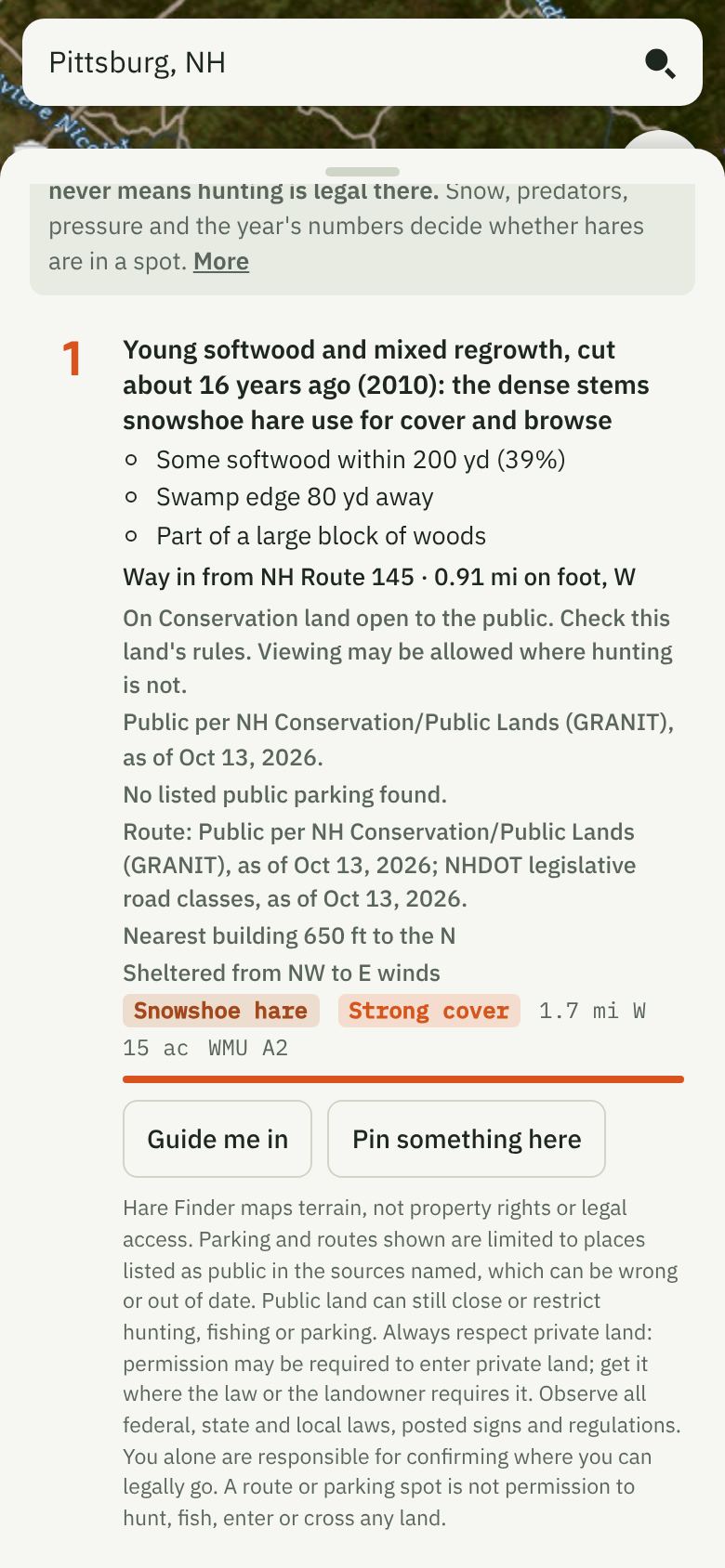 Hare Finder spot card: why the spot ranks, the way in over public ground, whose public land it is on, the nearest building and wind shelter